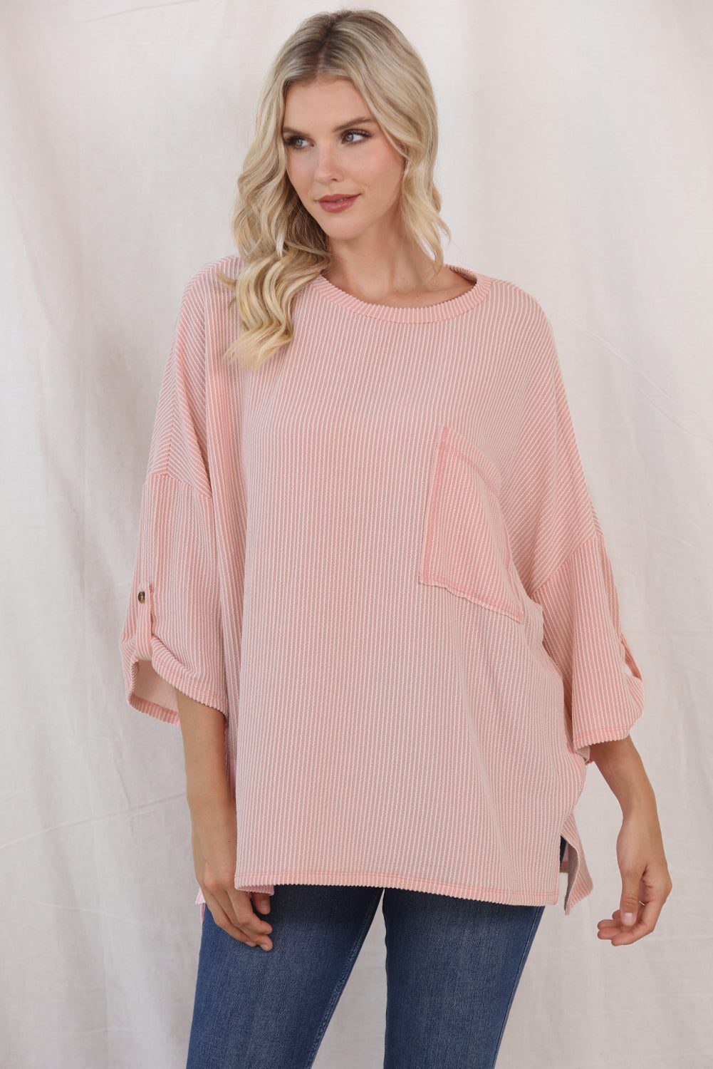 Round Neck Slit Roll-Tab Sleeve Oversize Top - Babbazon Tops