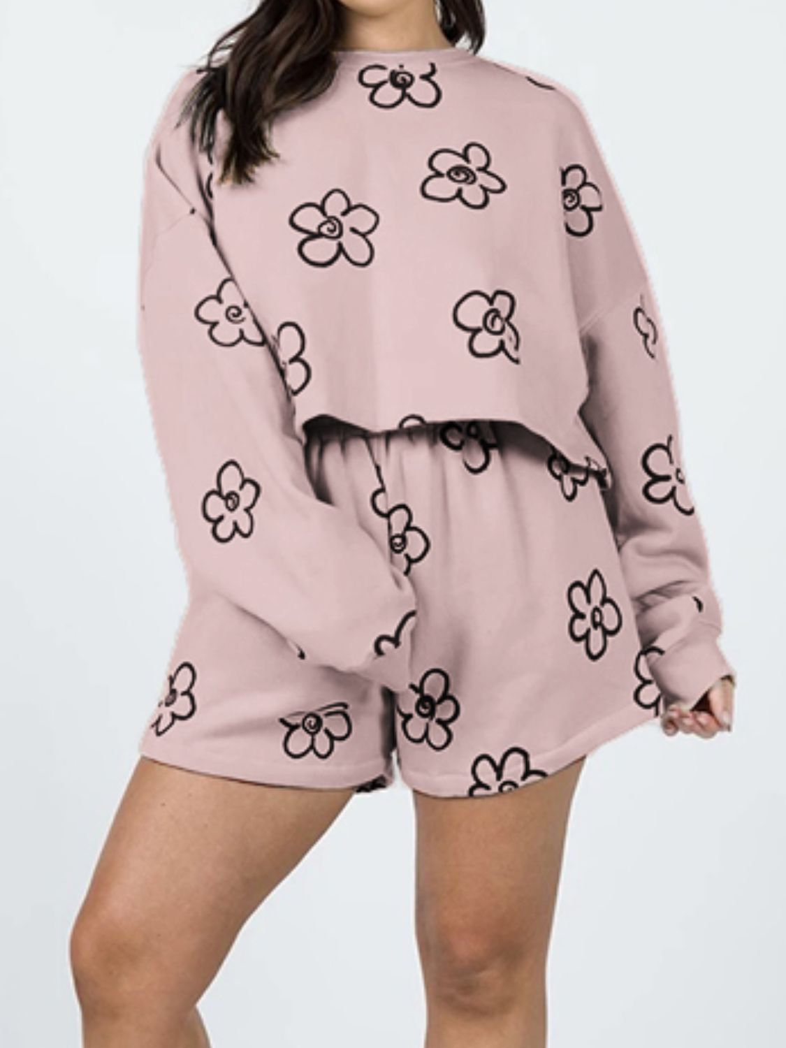 Floral Dropped Shoulder Sweatshirt and Shorts Set 