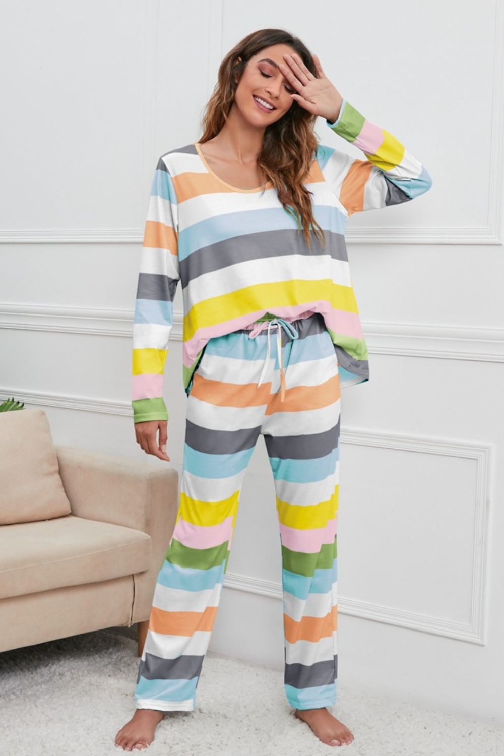 Striped Round Neck Long Sleeve Top and Drawstring Pants Lounge Set 