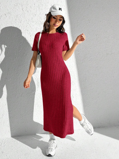 Slit Round Neck Short Sleeve Sweater Dress 