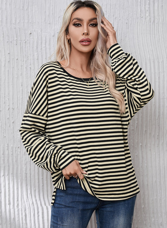 Striped Round Neck Dropped Shoulder T-Shirt 