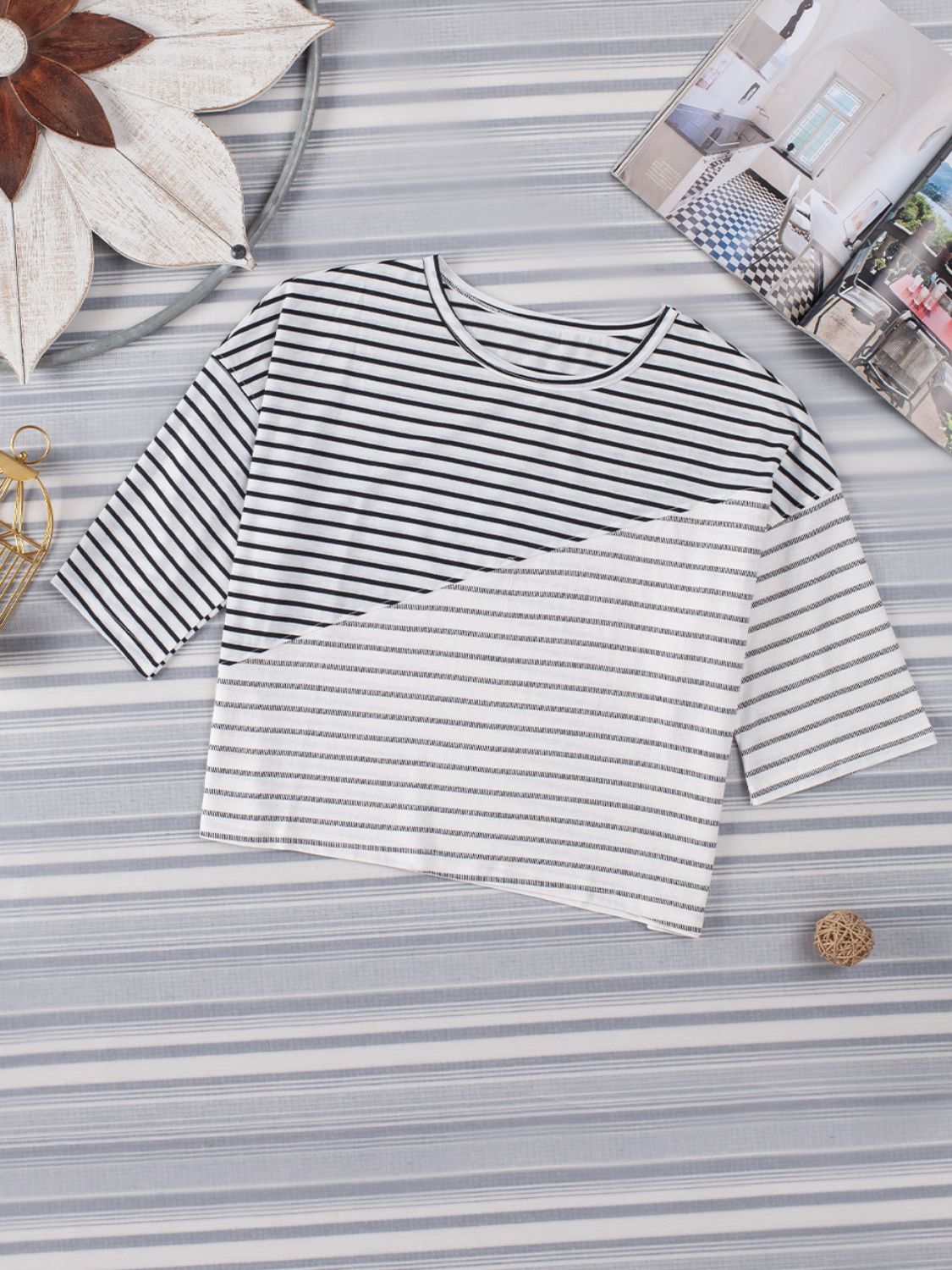 Striped Round Neck Dropped Shoulder T-Shirt 