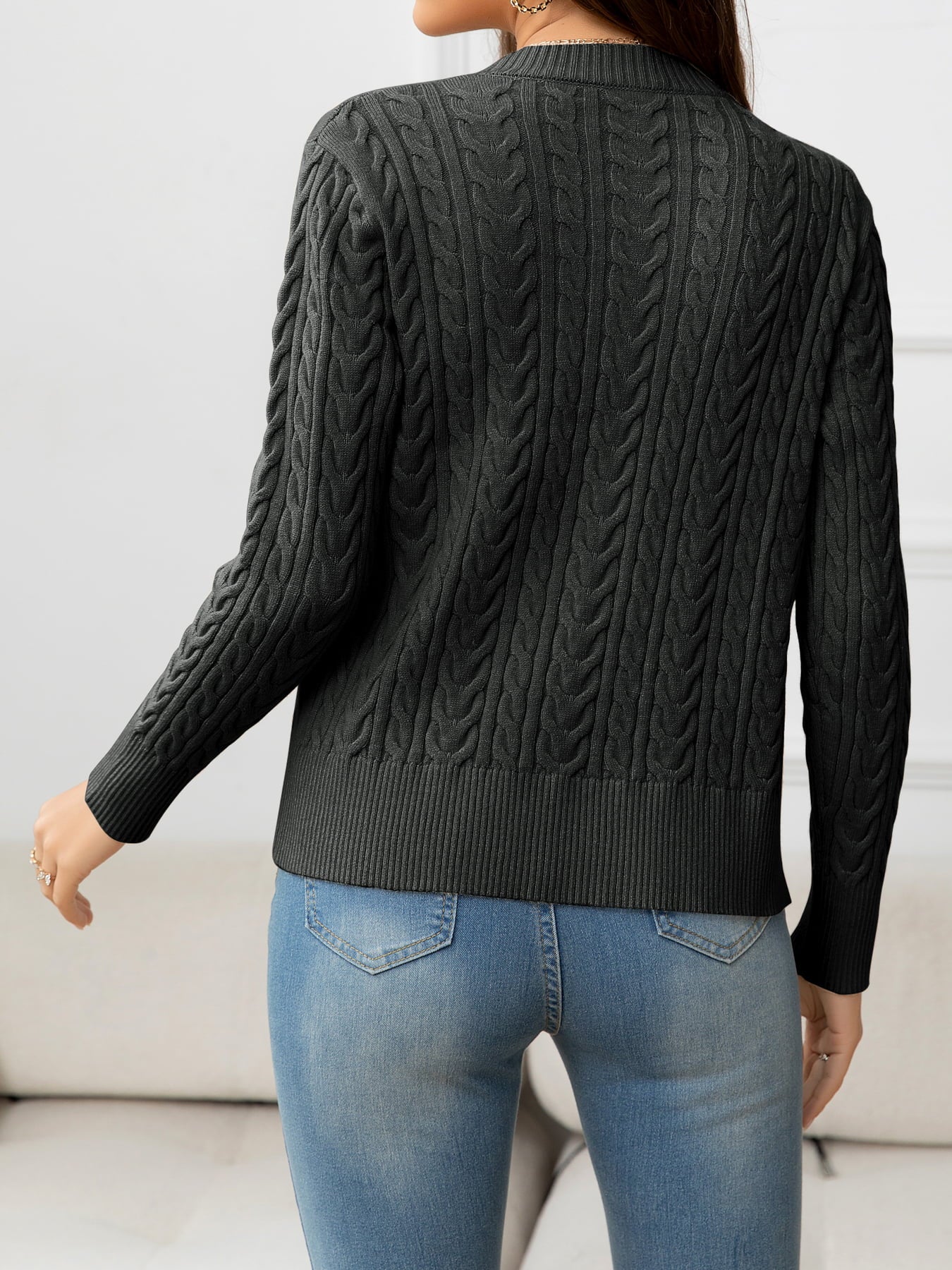 V-Neck Long Sleeve Cable-Knit Buttoned Knit Top 