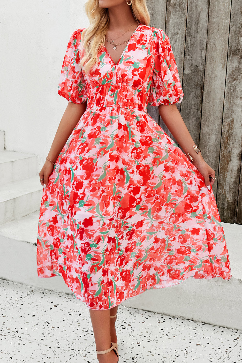 Smocked Printed V-Neck Short Sleeve Dress 