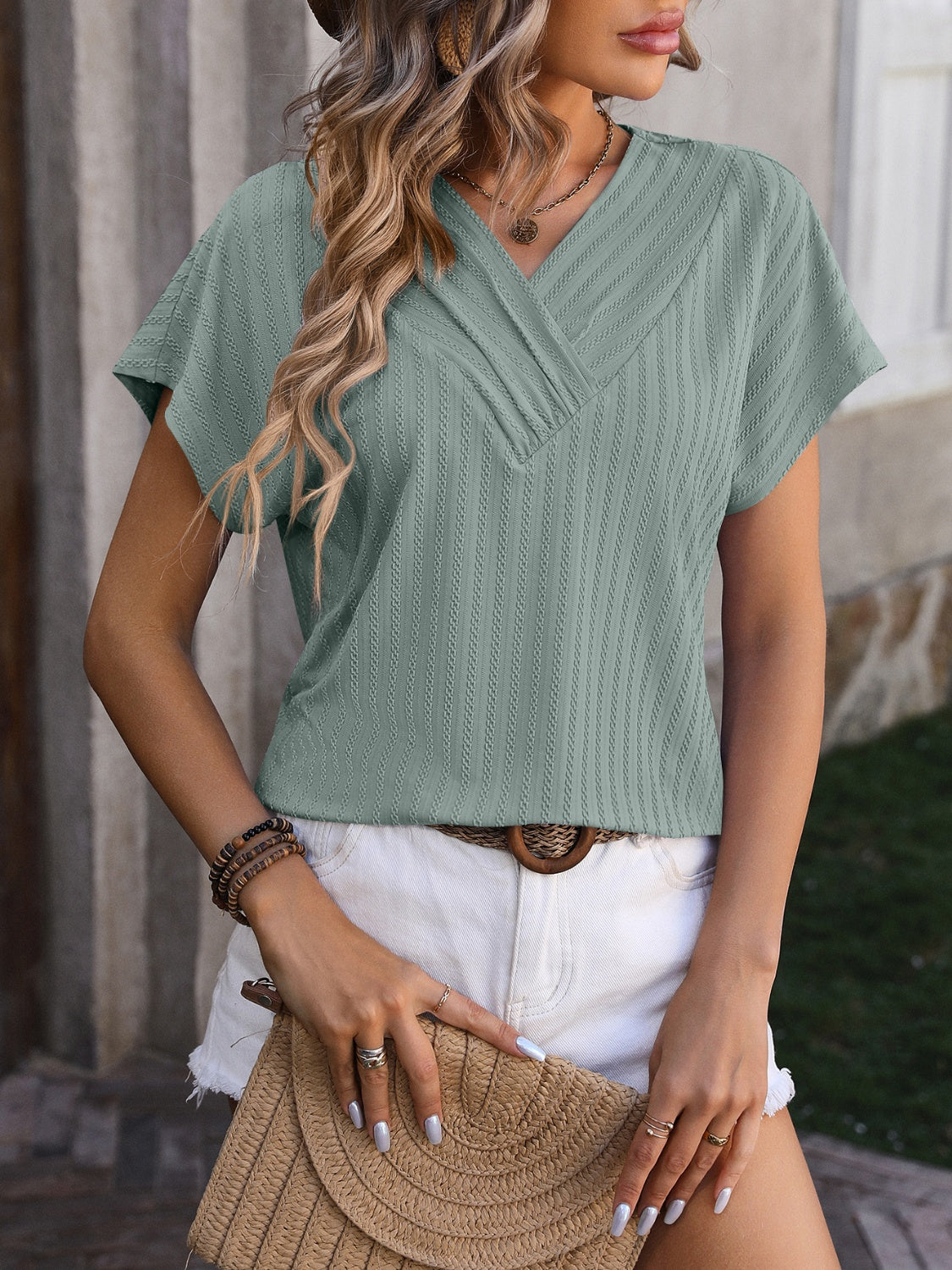 Textured Surplice Short Sleeve Blouse 