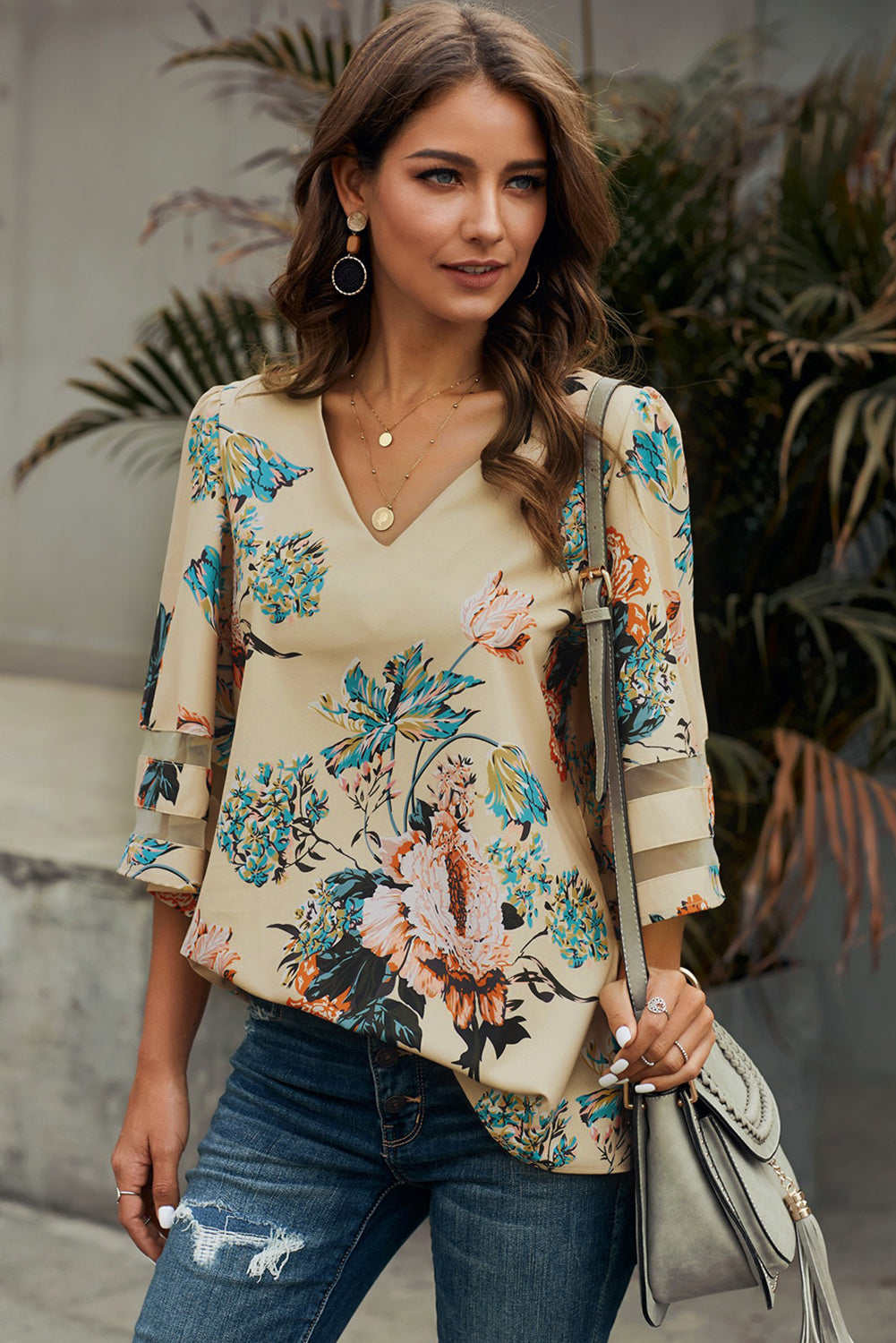 Printed Flare Sleeve Top - Babbazon Tops