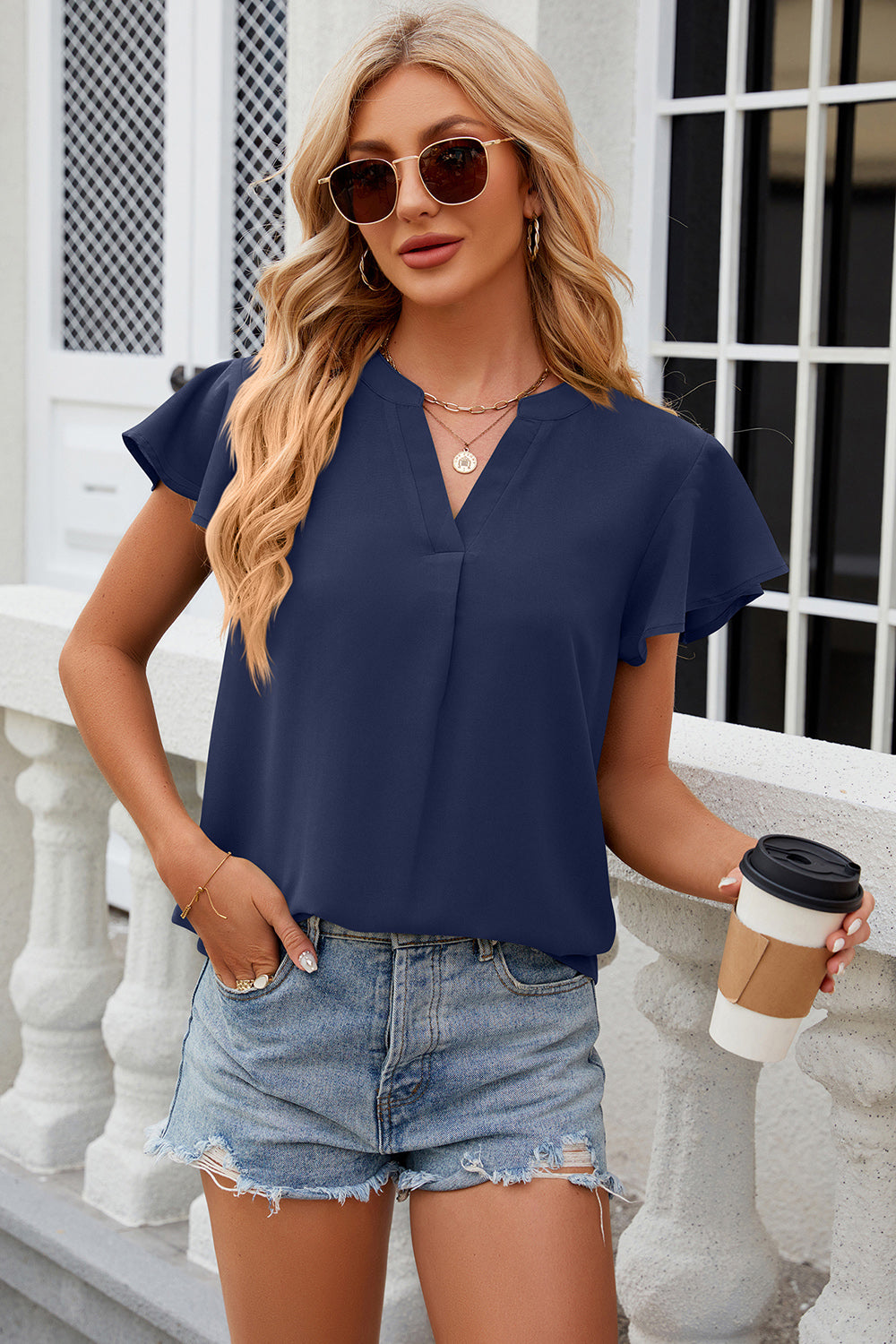 Notched Cap Sleeve T-Shirt 