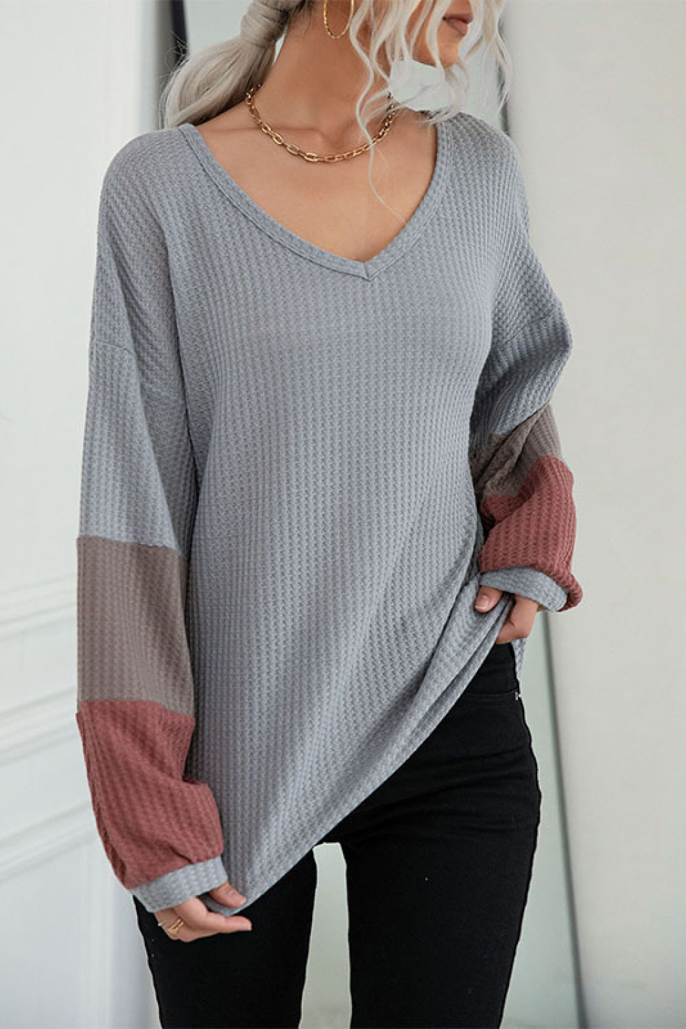 Color Block Sleeve Waffle Knit Tee 