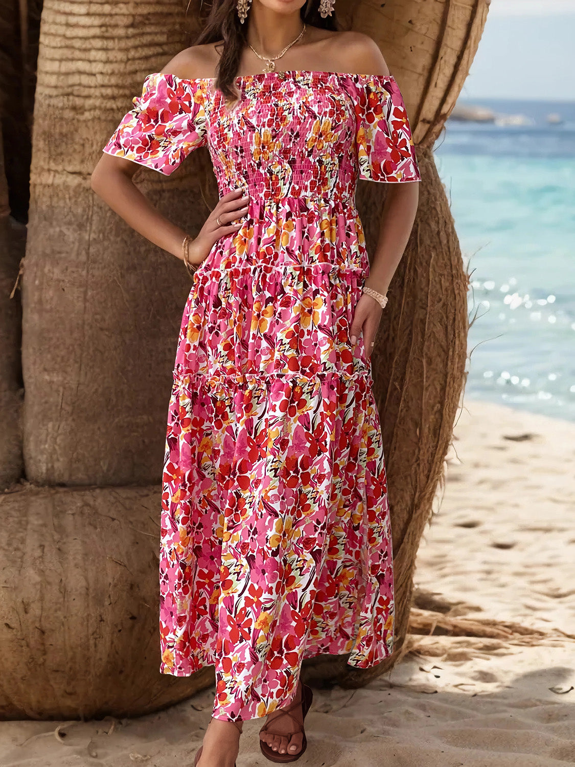 Slit Floral Off-Shoulder Short Sleeve Dress 