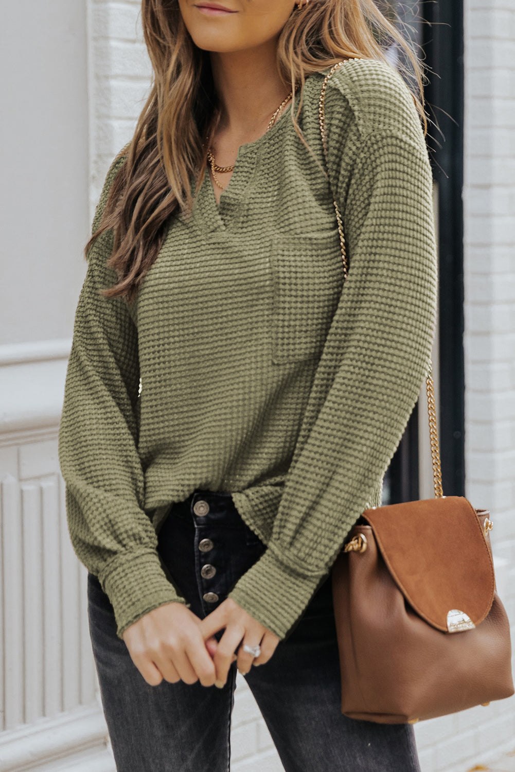 Waffle-Knit Notched High-Low Top 