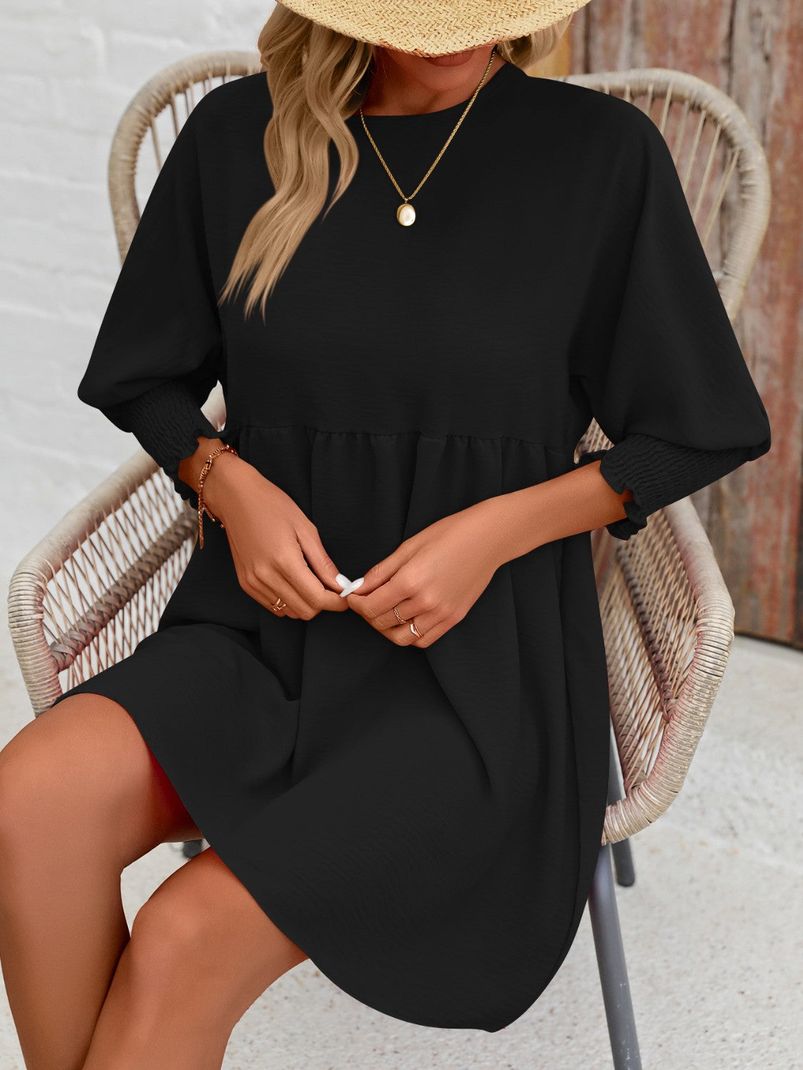 Round Neck Lantern Sleeve Mini Dress - Babbazon