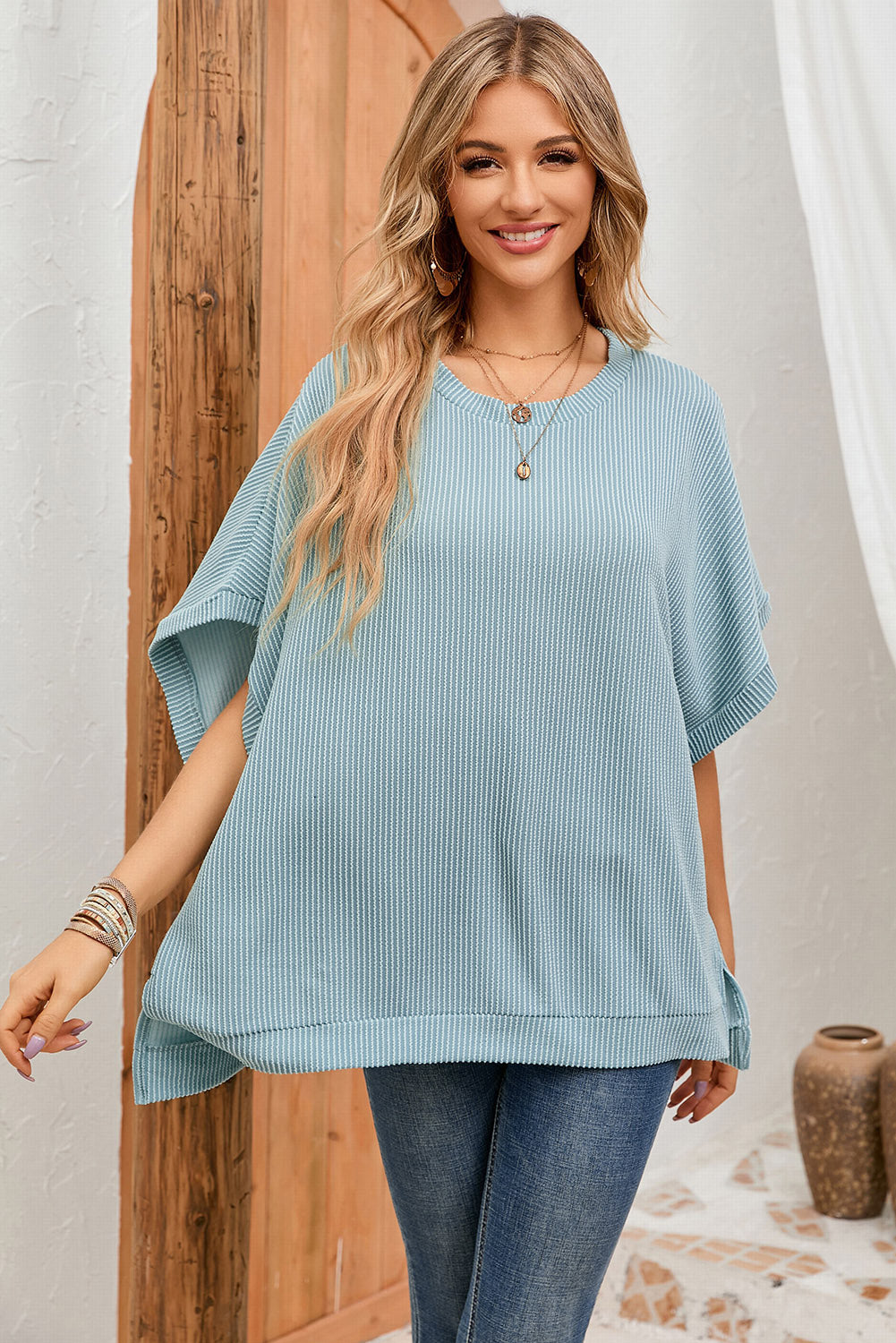 Double Take Full Size Round Neck Ribbed Slit Tunic Top 