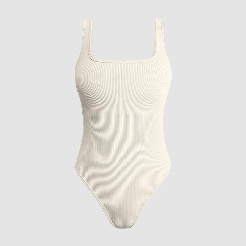 Ribbed Square Neck Sleeveless Active Bodysuit 