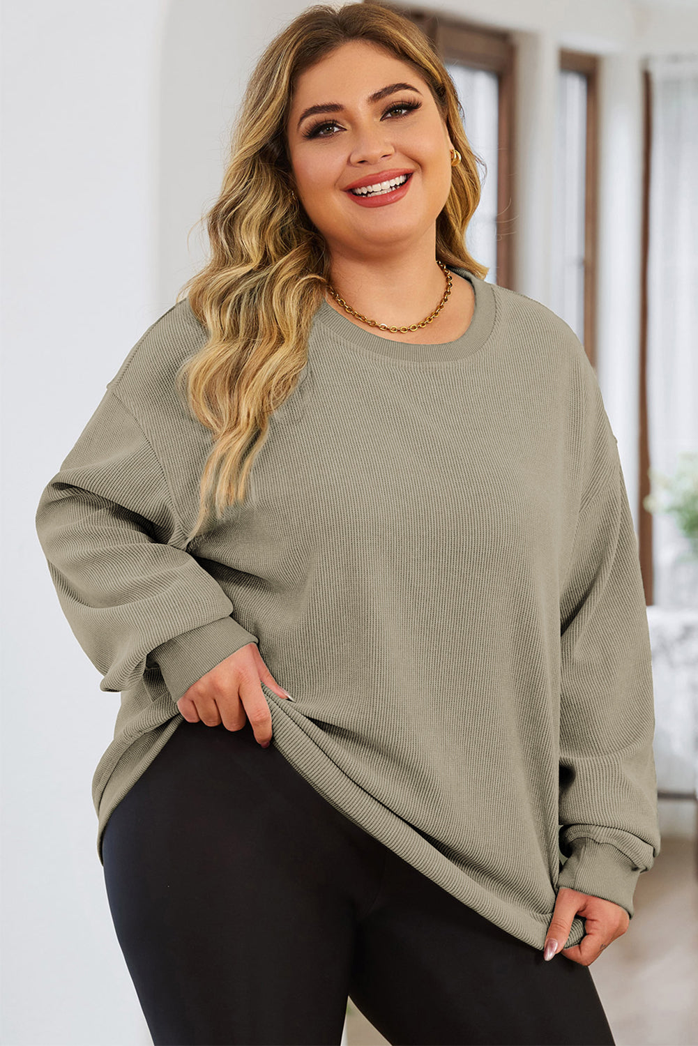 Plus Size Round Neck Dropped Shoulder Sweatshirt - Babbazon sweatshirt