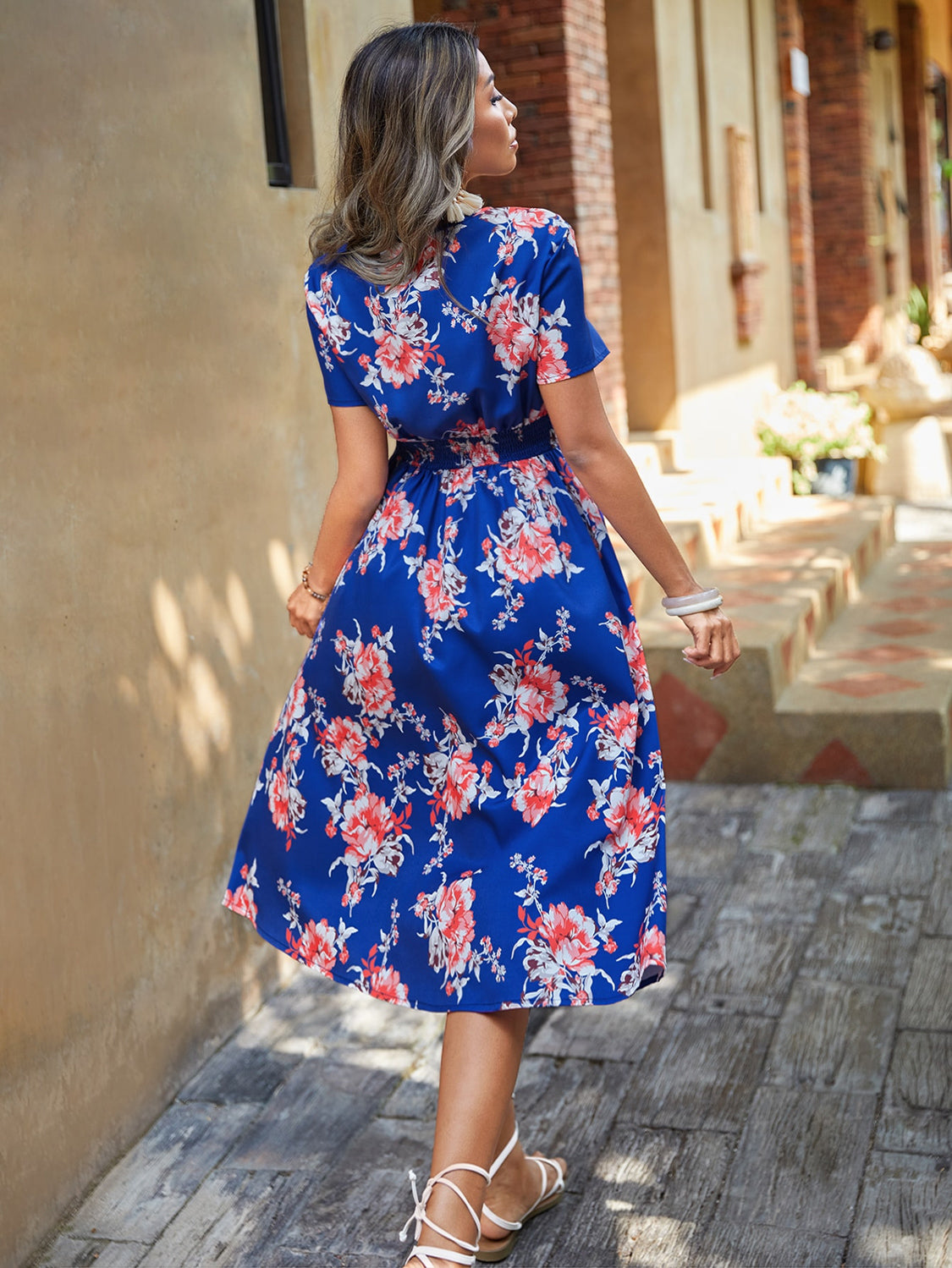 Elastic Waist V Neck Floral Print Midi Dress 