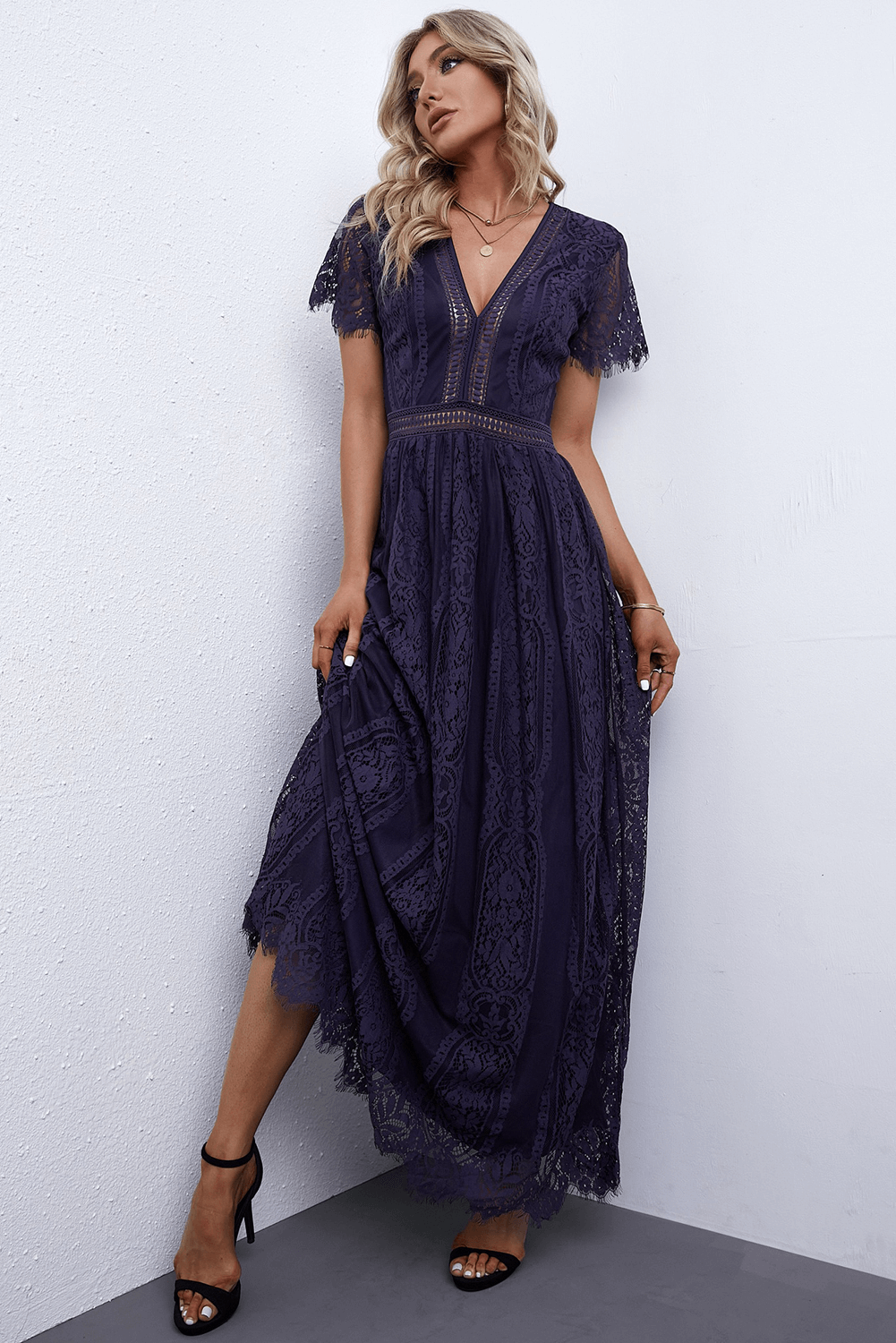 Scalloped Trim Lace Plunge Dress - Babbazon Maxi Dress