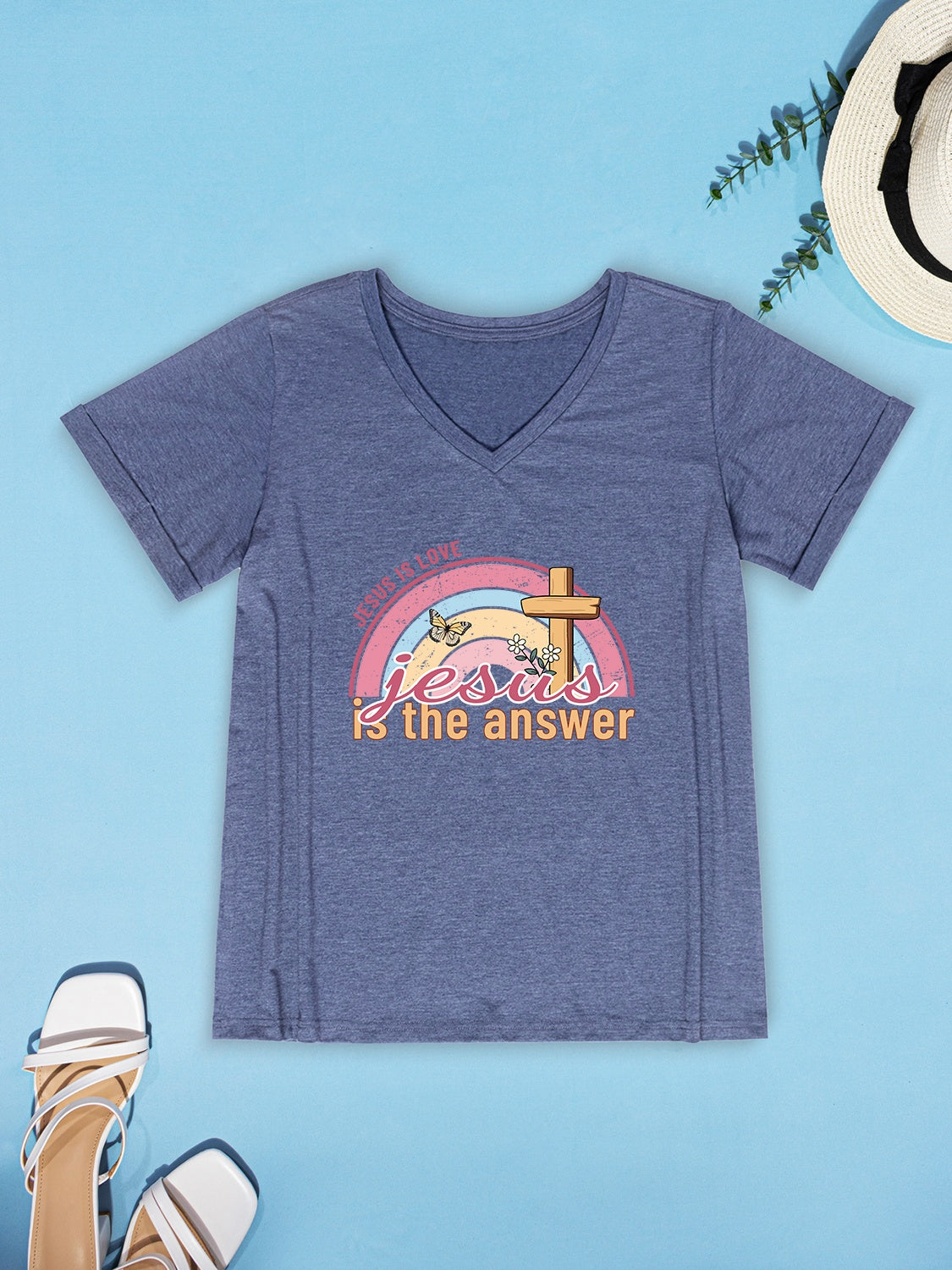 JESUS IS THE ANSWER V-Neck Short Sleeve T-Shirt 