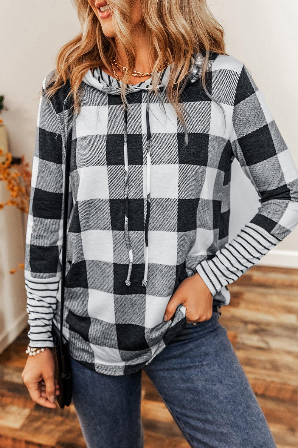 Plaid Drawstring Long Sleeve Hoodie 