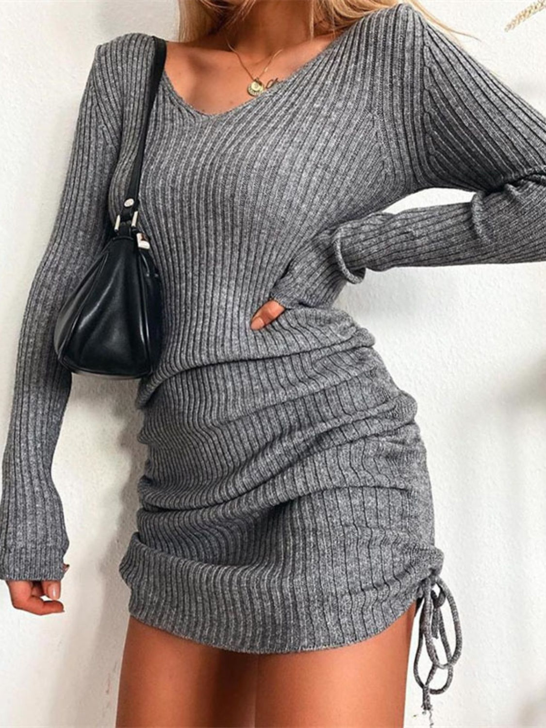 Ribbed Drawstring V-Neck Mini Dress 