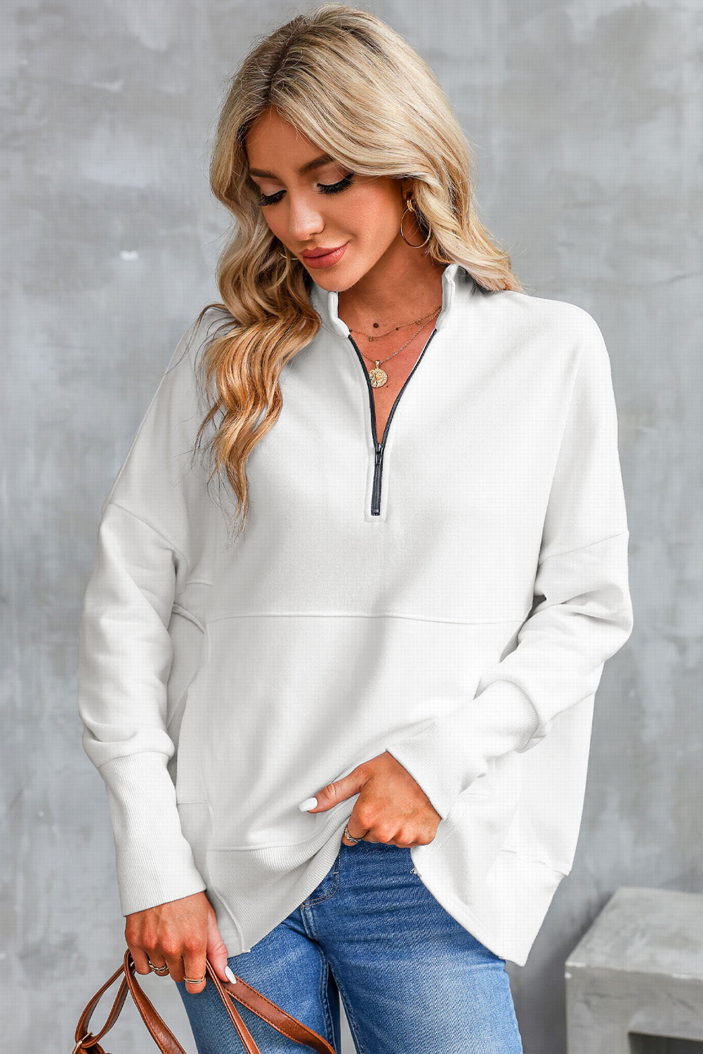 Half Zip Pocketed Dropped Shoulder Sweatshirt - Babbazon sweatshirt