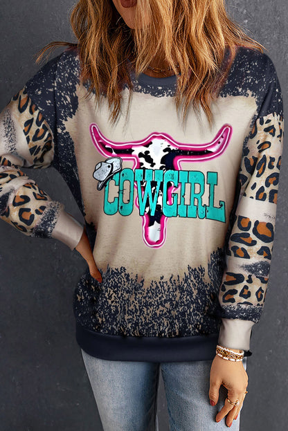 COWGIRL Leopard Round Neck Sweatshirt 