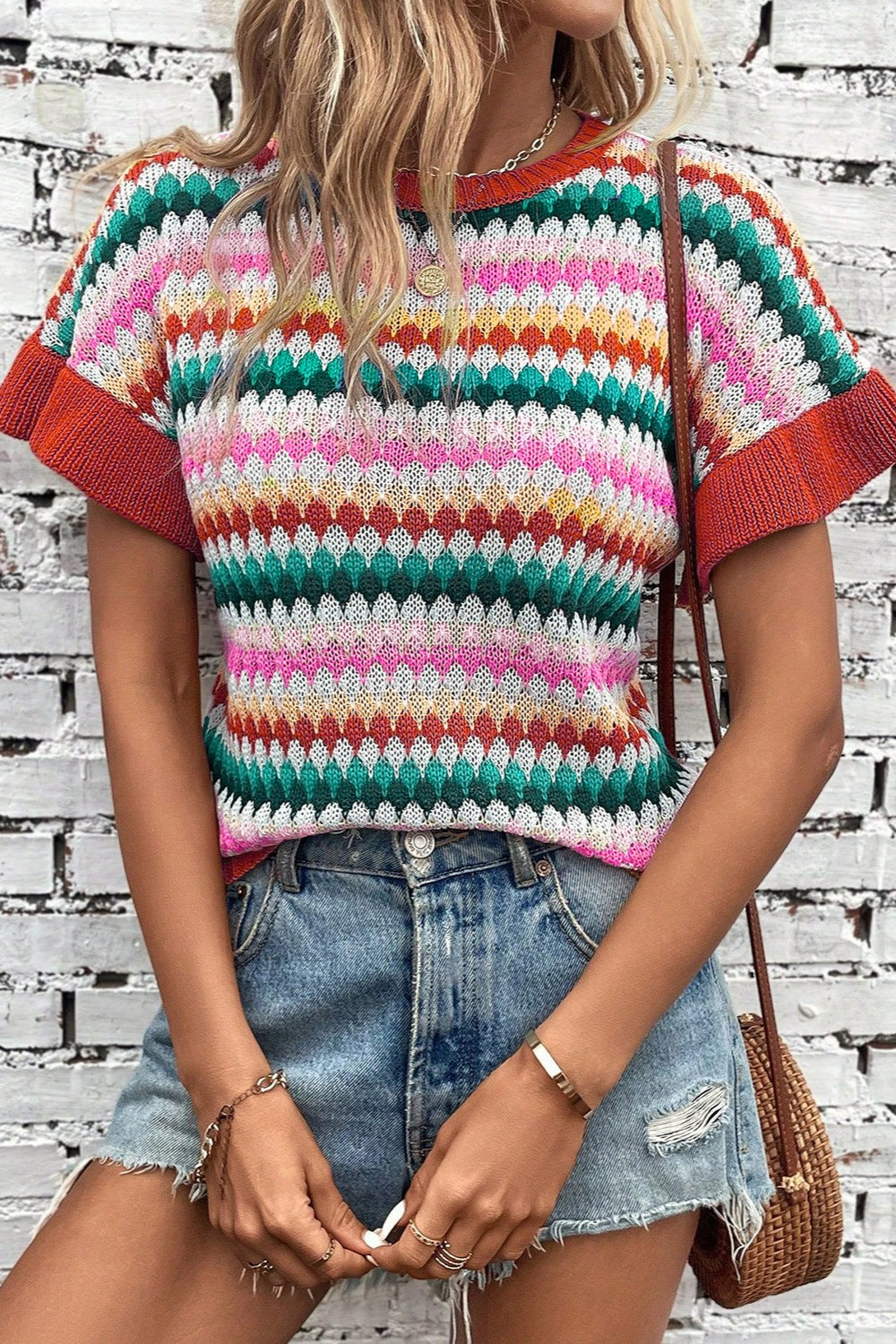 Striped Round Neck Short Sleeve Sweater - Babbazon Tops