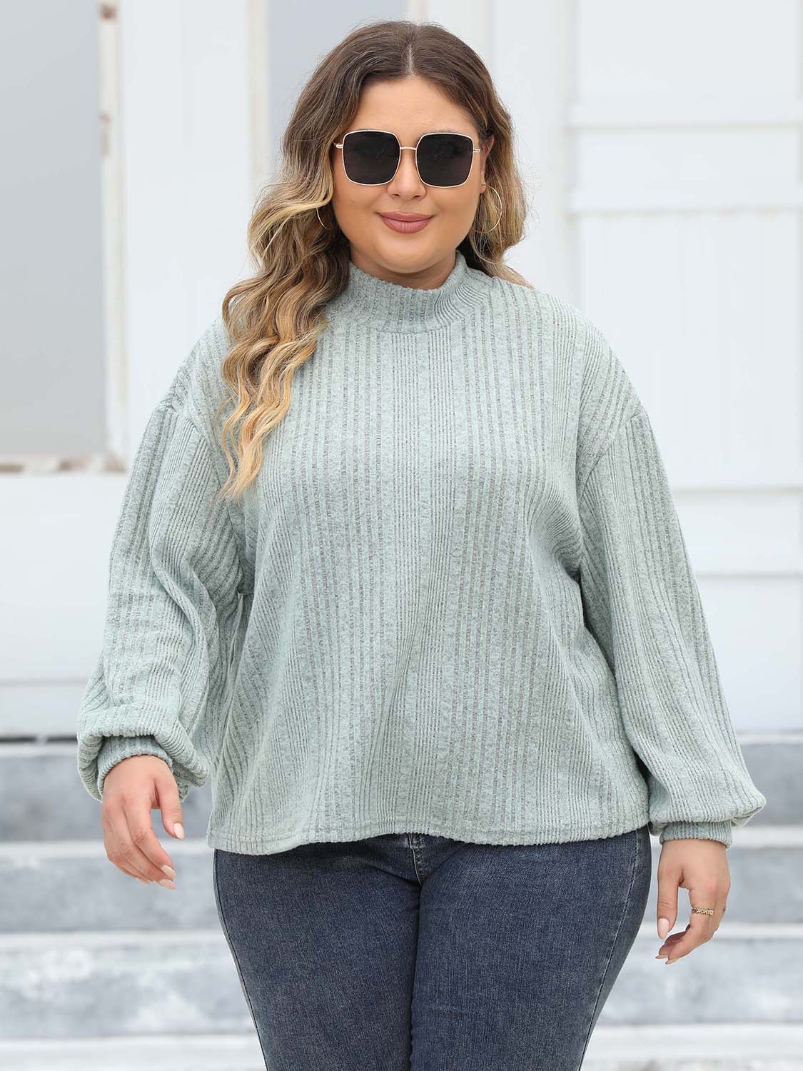 Plus Size Mock Neck Long Sleeve Knit Top 