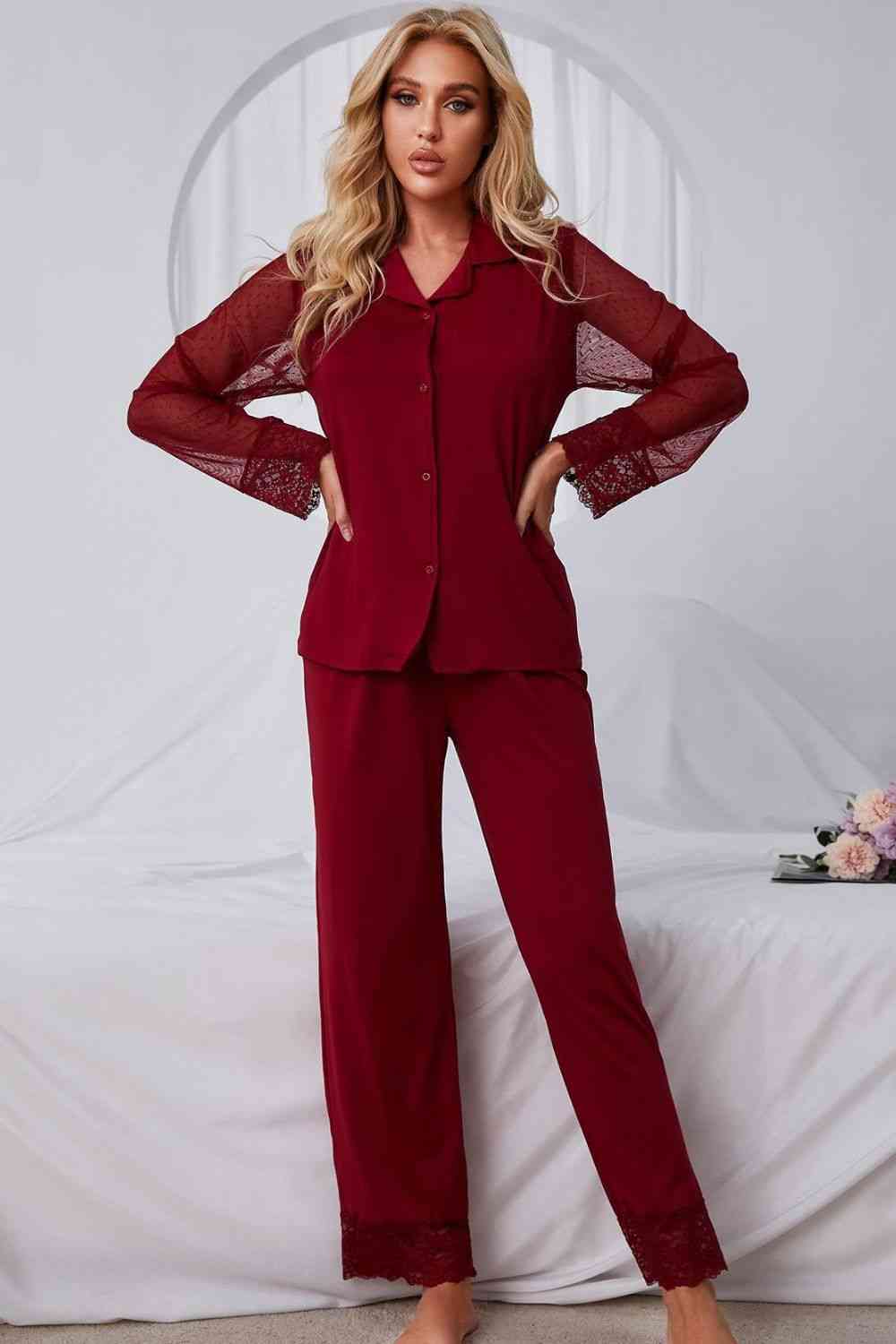 Spliced Lace Lapel Collar Pajama Set 