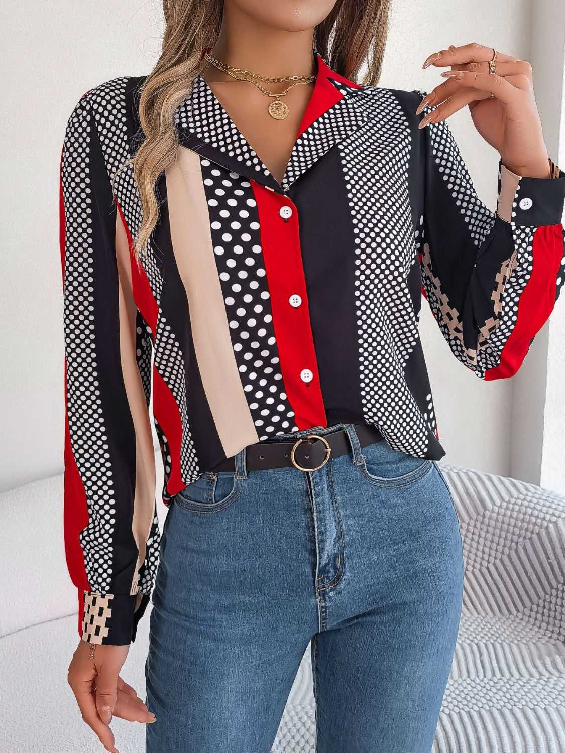 Polka Dot Contrast Long Sleeve Shirt 