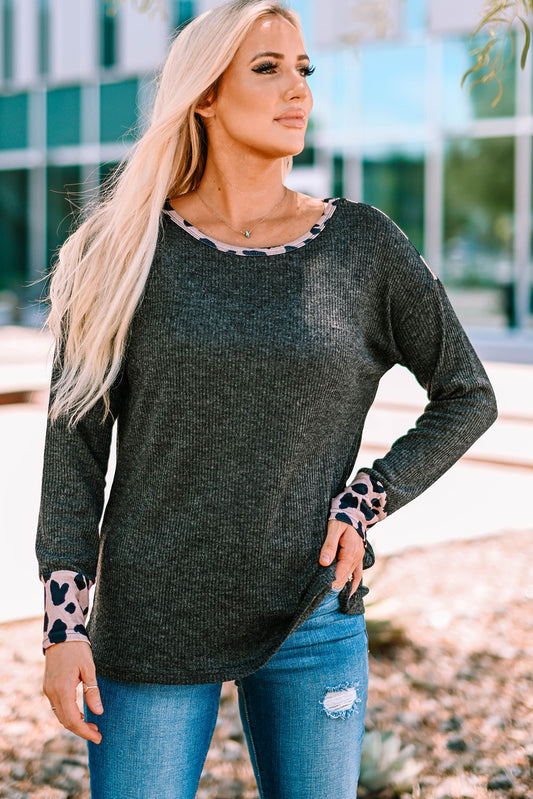 Leopard Round Neck Ribbed Top 