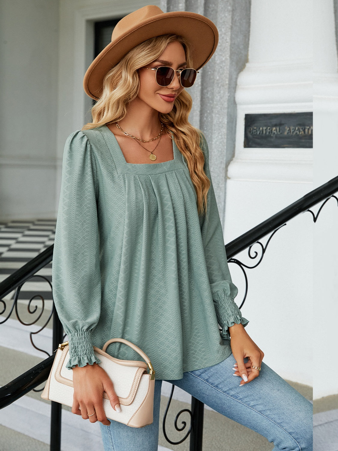 Ruched Square Neck Lantern Sleeve Blouse 