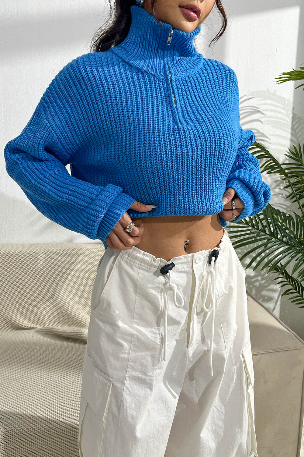 Quarter Zip Dropped Shoulder Sweater 