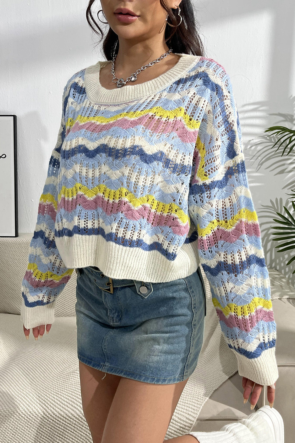 Striped Openwork Dropped Shoulder Sweater 