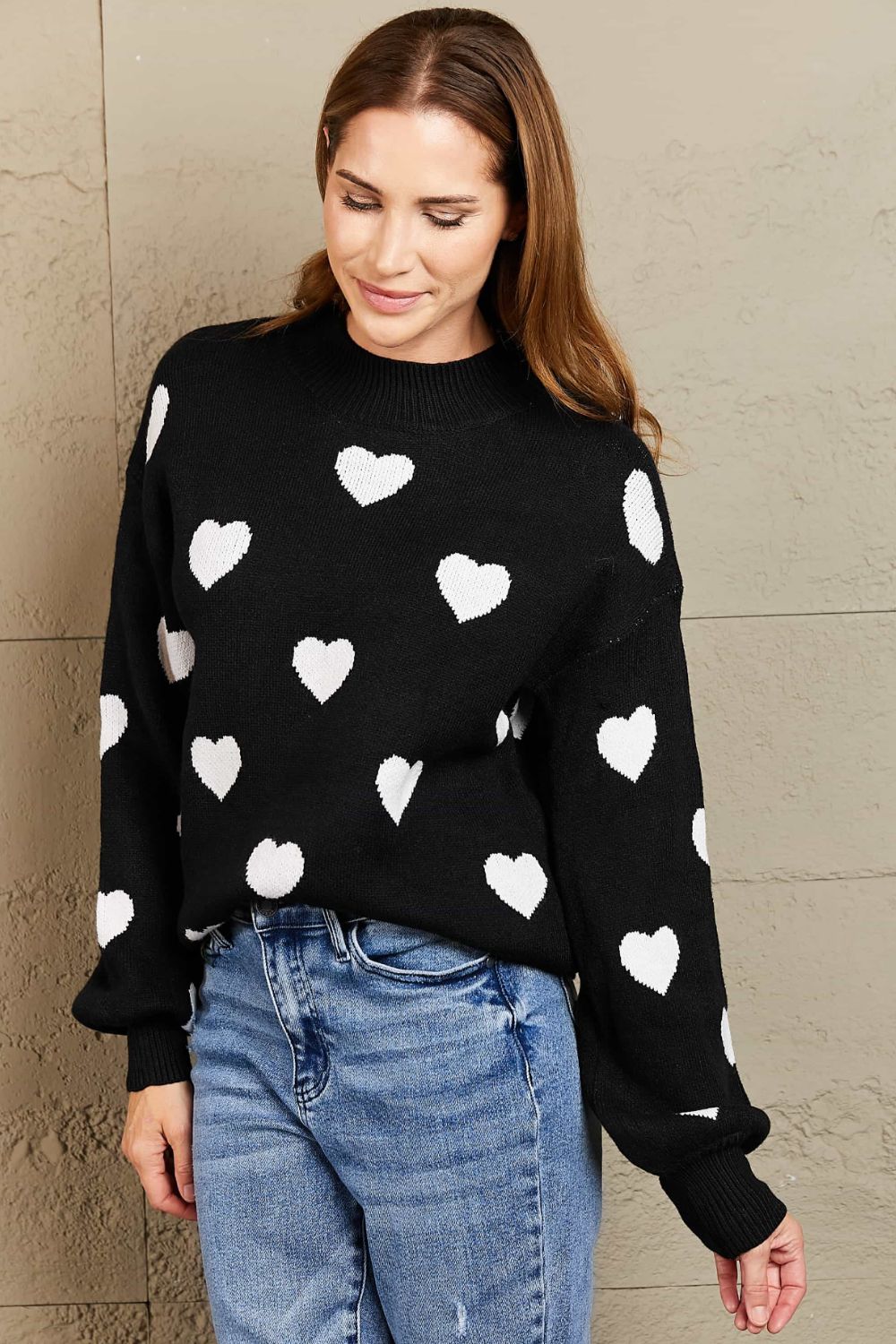 Woven Right Heart Pattern Lantern Sleeve Round Neck Tunic Sweater 