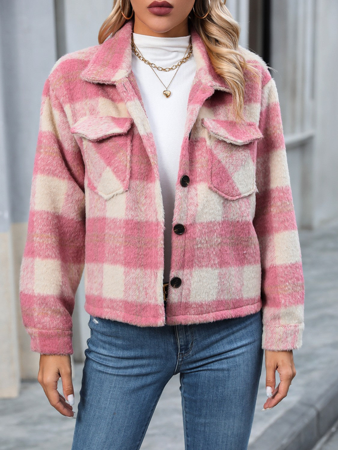 Plaid Button Up Dropped Shoulder Jacket 