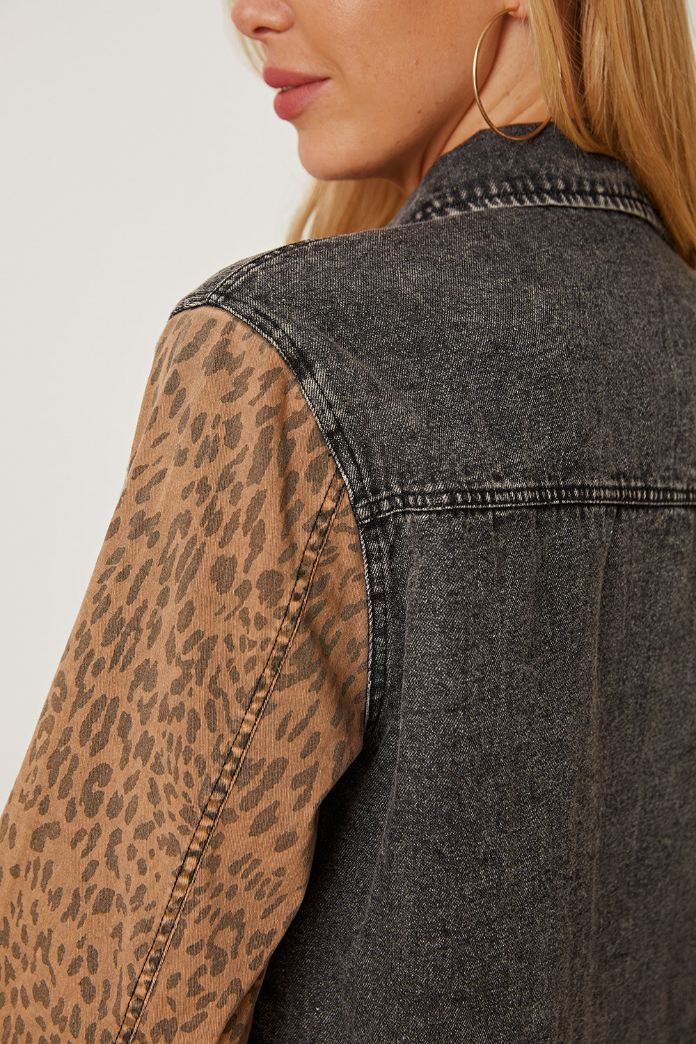 Leopard Raw Hem Pocketed Denim Jacket 