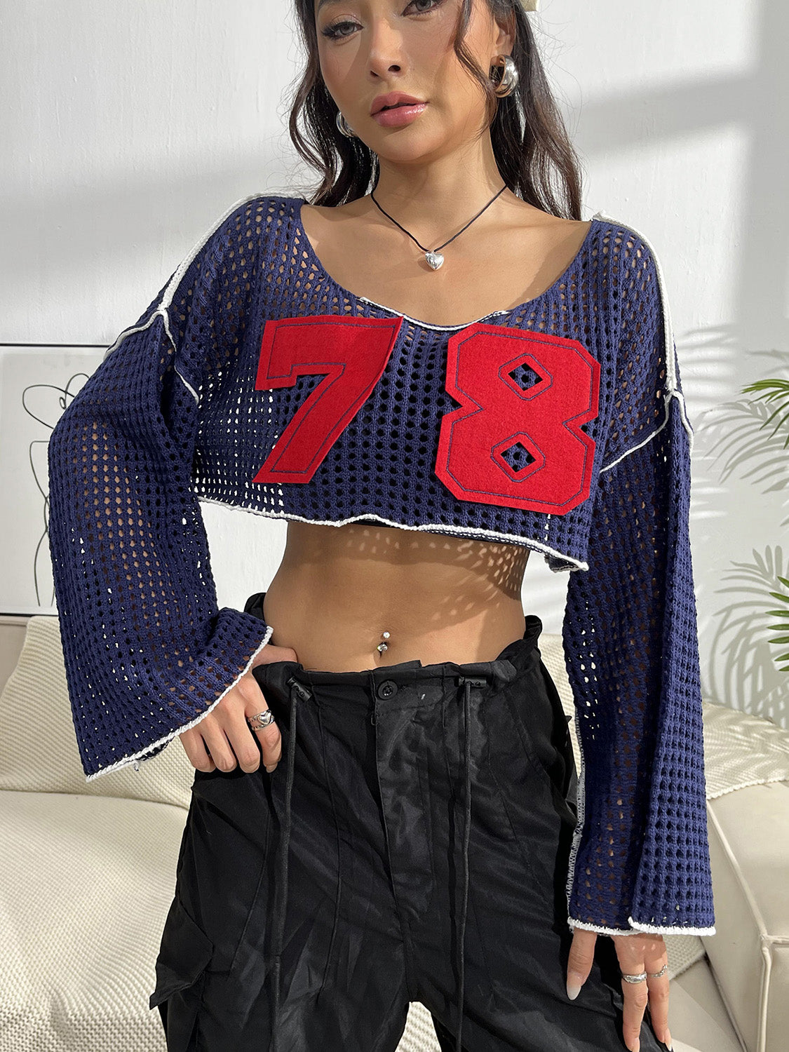 Contrast Patches Long Sleeve Cropped Knit Top 