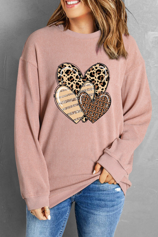 Heart Ribbed Round Neck Sweatshirt - Babbazon sweatshirt