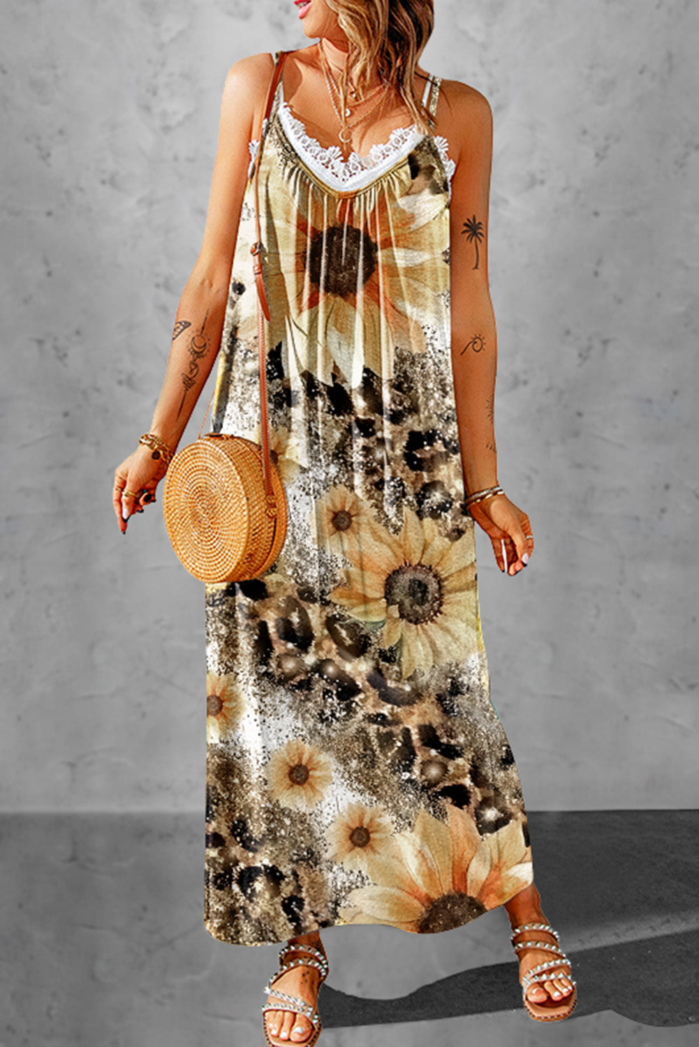 Leopard Sunflower Spaghetti Strap Dress 