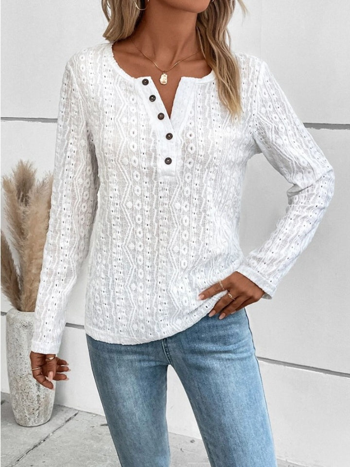 Openwork Half Button Long Sleeve Blouse 