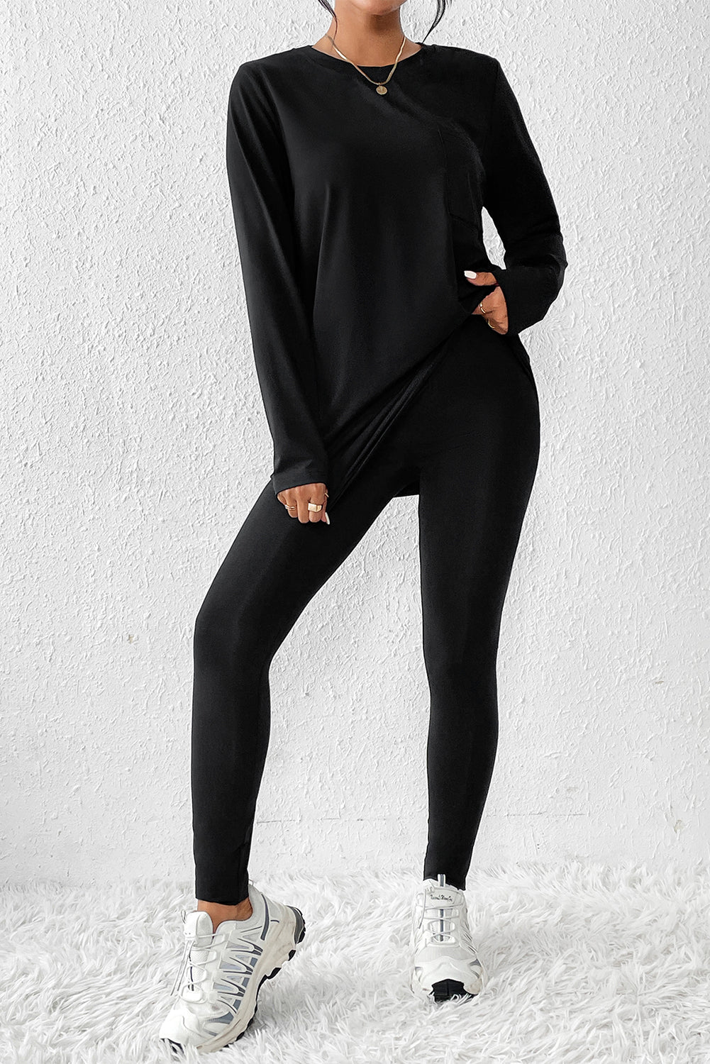 Round Neck Long Sleeve Top and Skinny Pants Set 