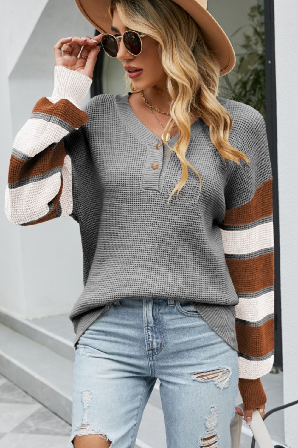 Color Block V-Neck Dropped Shoulder Sweater 