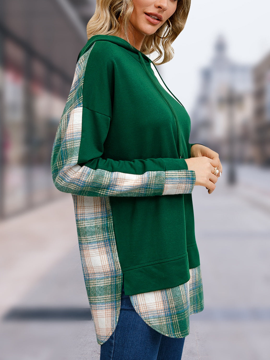 Plaid Drawstring Long Sleeve Slit Hoodie 