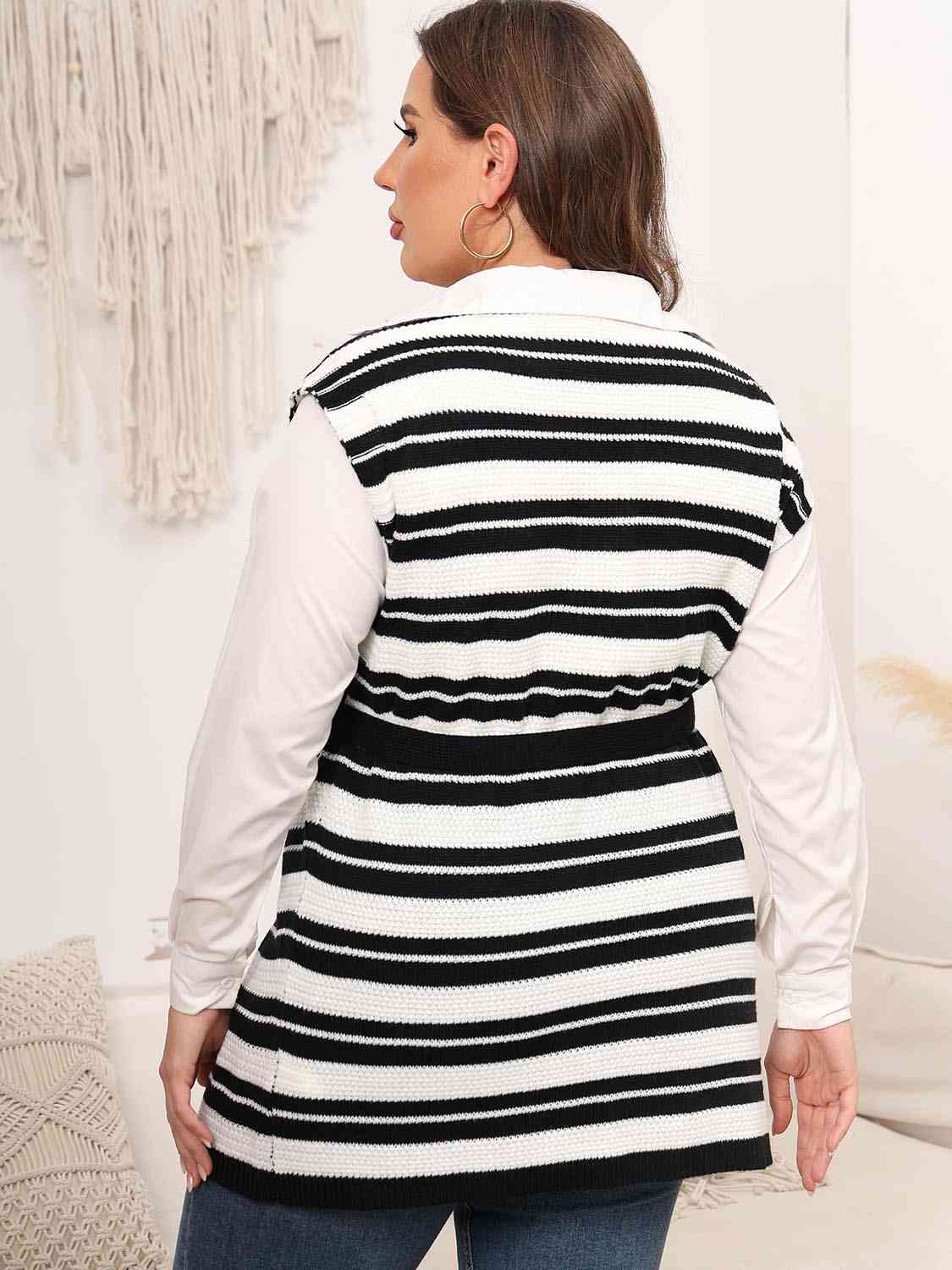 Plus Size Striped Colared Neck Tied Front Sweater Vest 