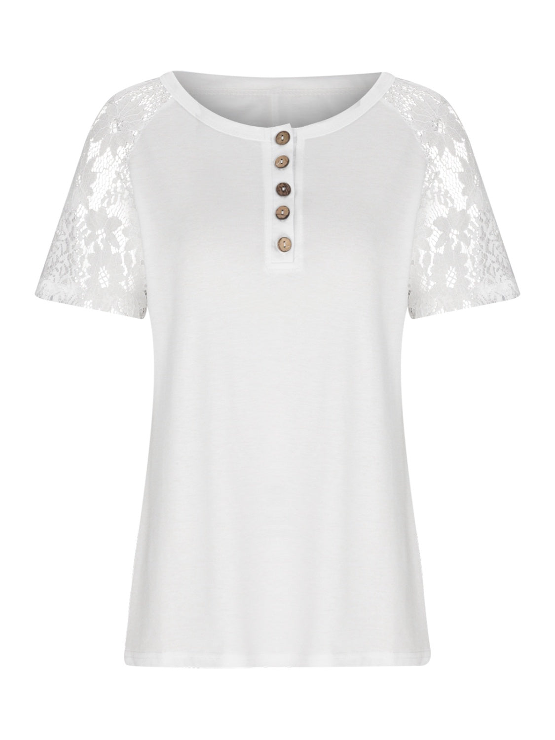 Lace Detail Half Button Short Sleeve T-Shirt 