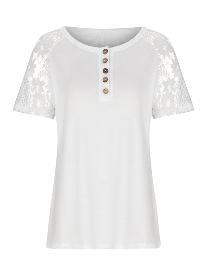 Lace Detail Half Button Short Sleeve T-Shirt 