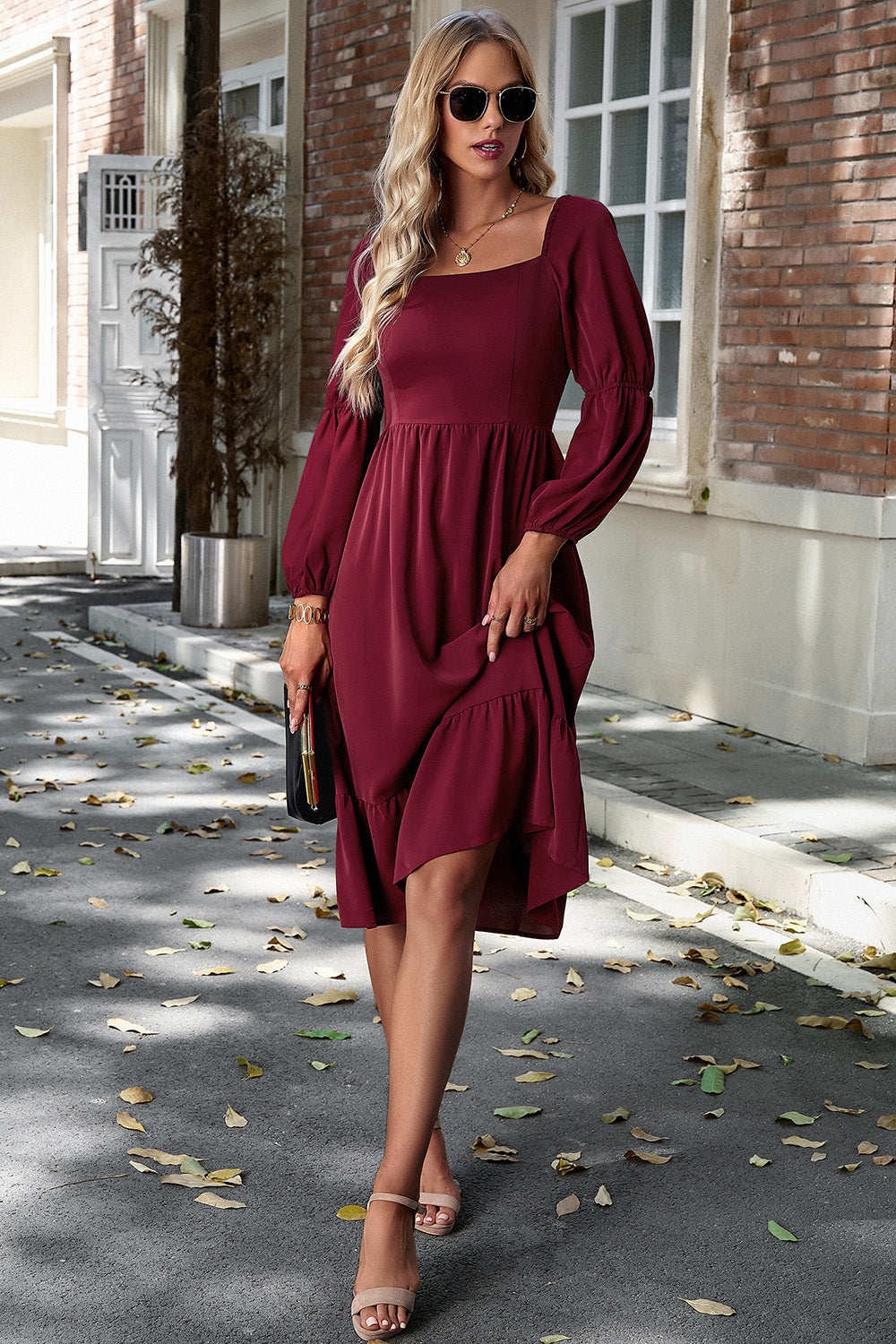 Square Neck Balloon Sleeve Midi Dress 