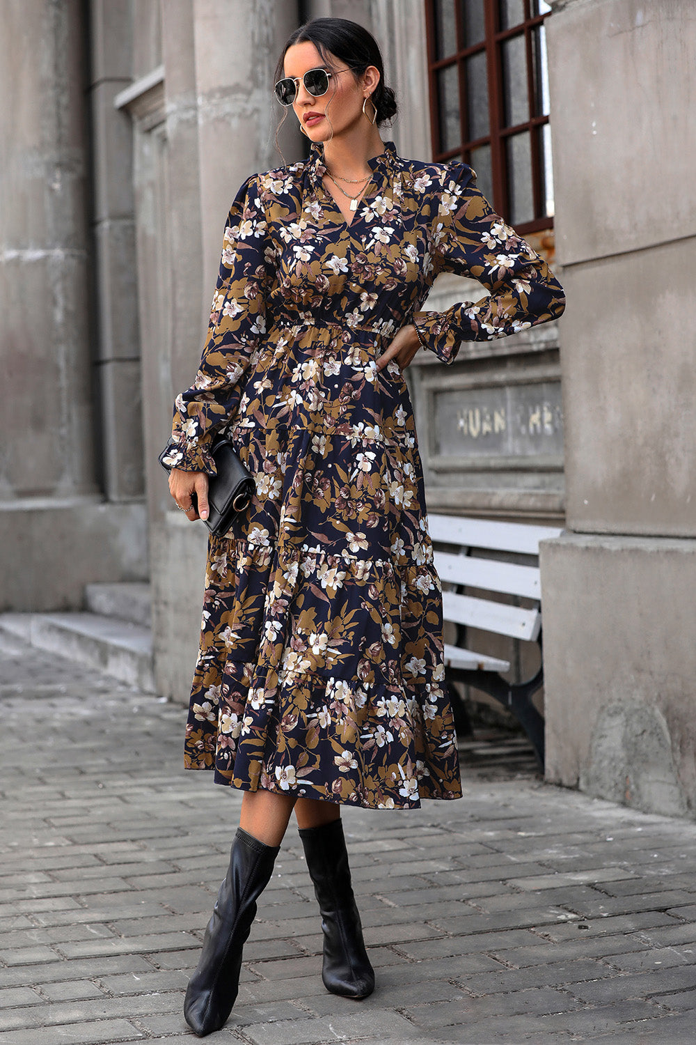 Floral Flounce Sleeve Tiered Dress 