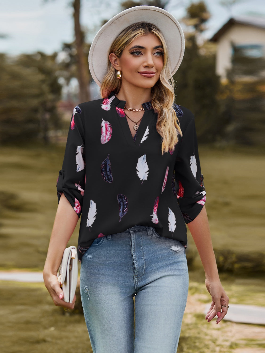 Printed Frill Notched Roll-Tab Sleeve Blouse 