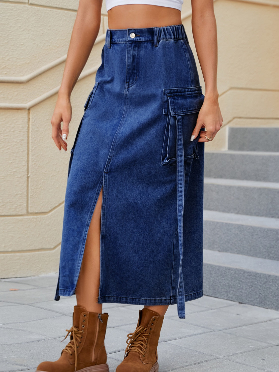 Slit Pocketed High Waist Denim Skirt 